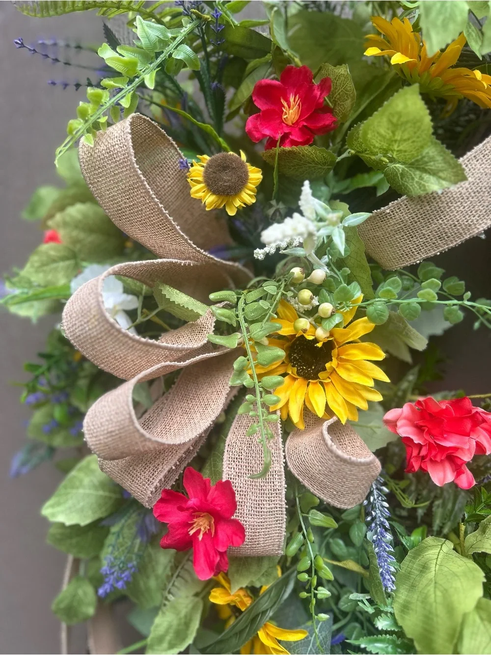 Sunflower wildflower wreath summer front door decor burlap bow wreath